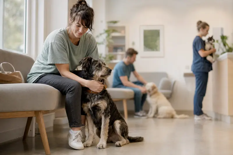 Ein ruhiger Hund sitzt neben seinem Besitzer im hellen Wartezimmer einer modernen Tierarztpraxis.